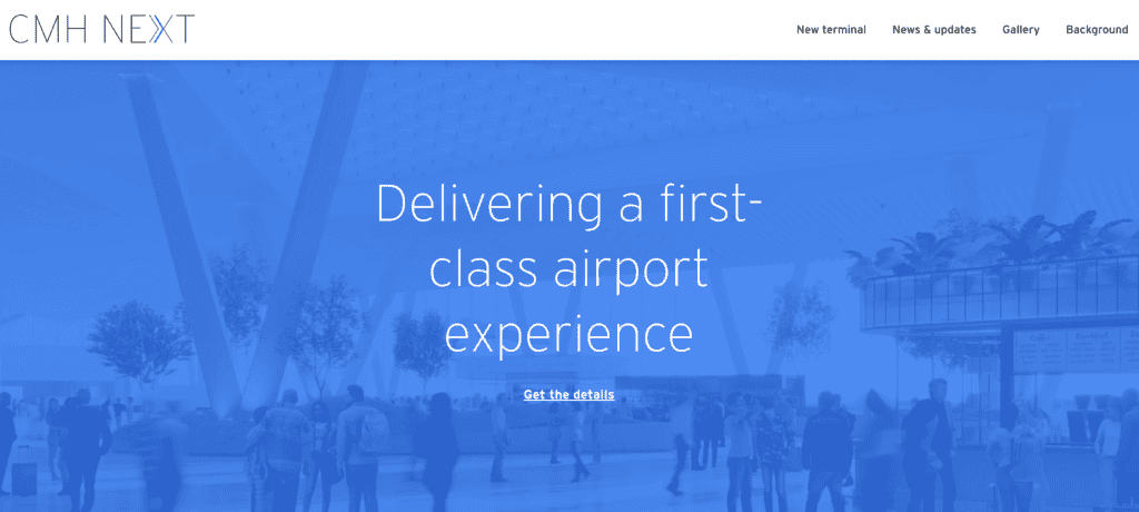Homepage of the C-M-H Next website. Text reads, Delivering a first-class airport experience.