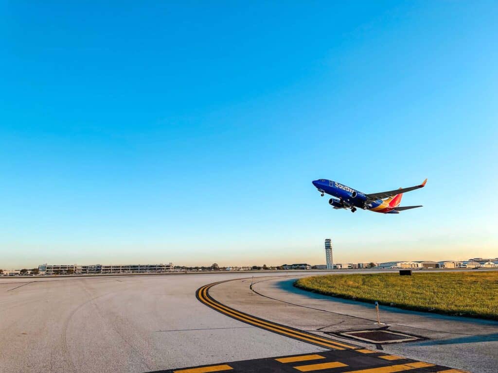 Southwest Airlines plane taking off at John Glenn International Airport.