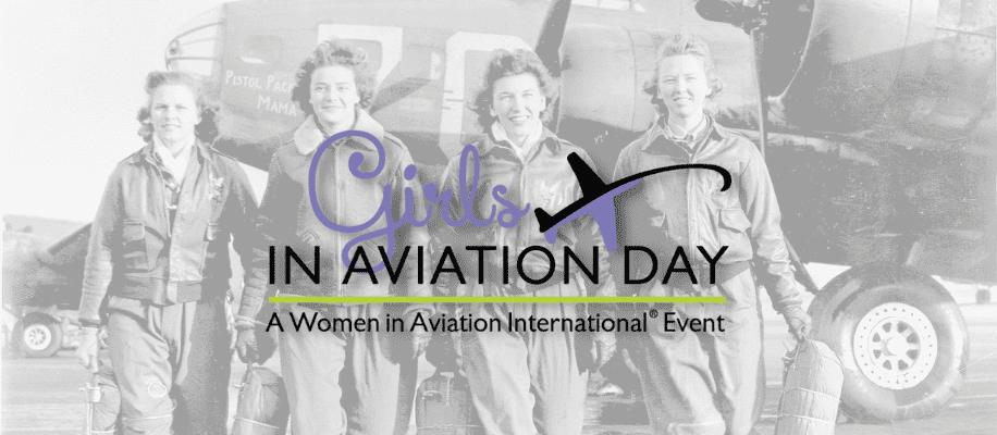 Girls in aviation day, a woman in aviation international event. Graphic image with female aviators standing in front of a vintage aircraft.