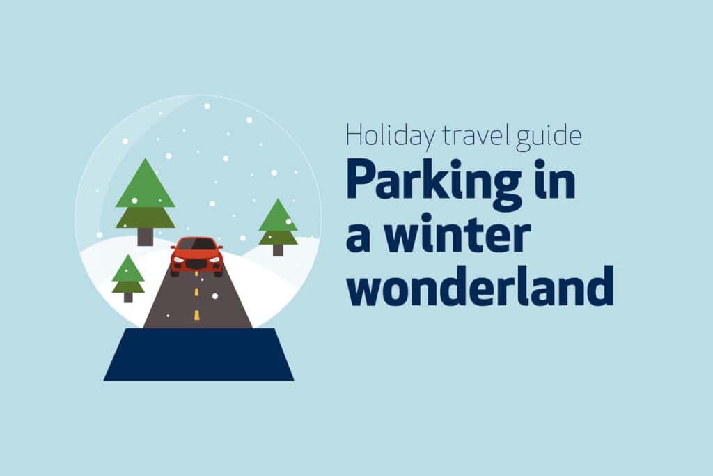 Holiday travel guide. Parking in a winter wonderland graphic banner.