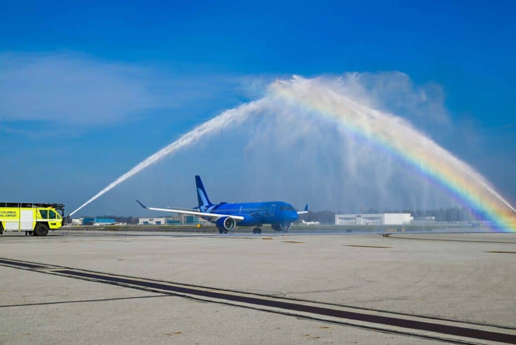 Breeze airways water cannon salute during CMH-SNA launch.