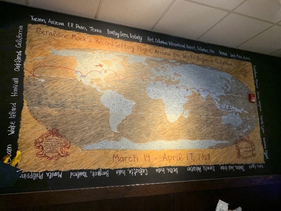 Jerrie Mock's flight path was on display in the Starbucks in Concourse B at John Glenn Columbus International Airport for several years.