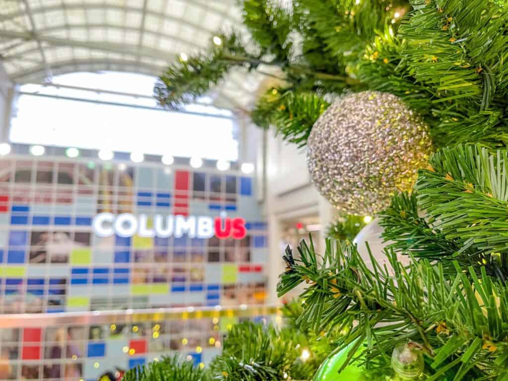 Festive holiday tree in the main terminal of John Glenn International Airport.