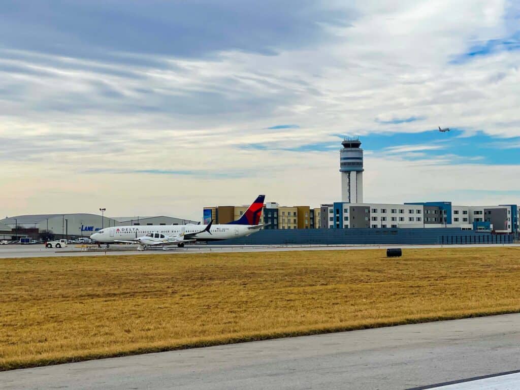 Panoramic view of the airfield at John Glenn International Airport.