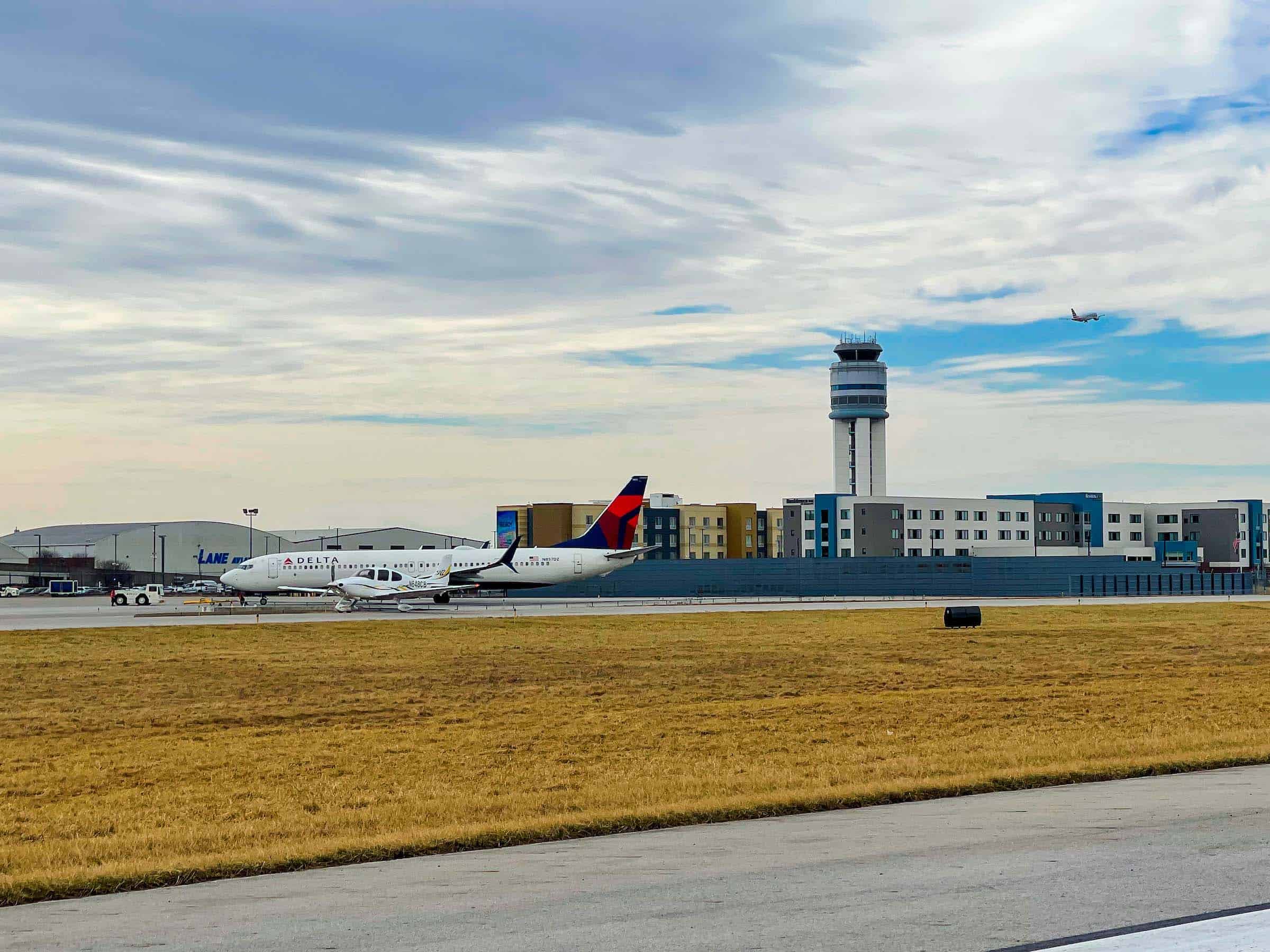 Panoramic view of the airfield at John Glenn International Airport.