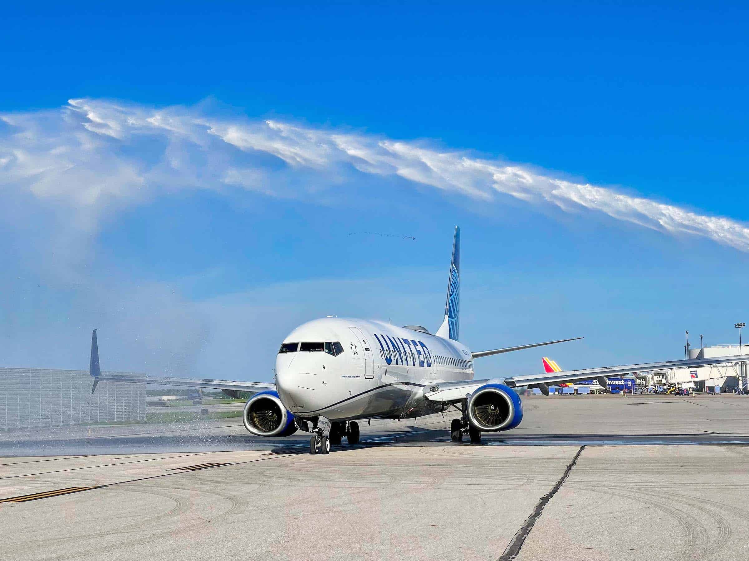 Water cannon salute for a United Airplane taxing on the ramp at CMH airport.
