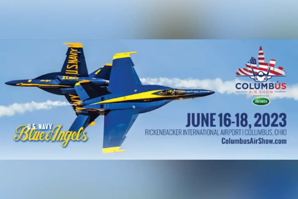 Columbus Air Show June 16-18, 2023 Rickenbacker International Airport advertising banner featuring the US Navy Blue Angels