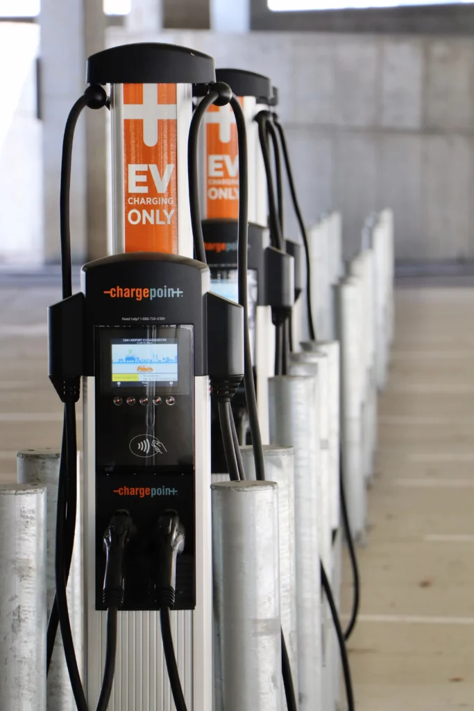 A row of charging stations at John Glenn International.