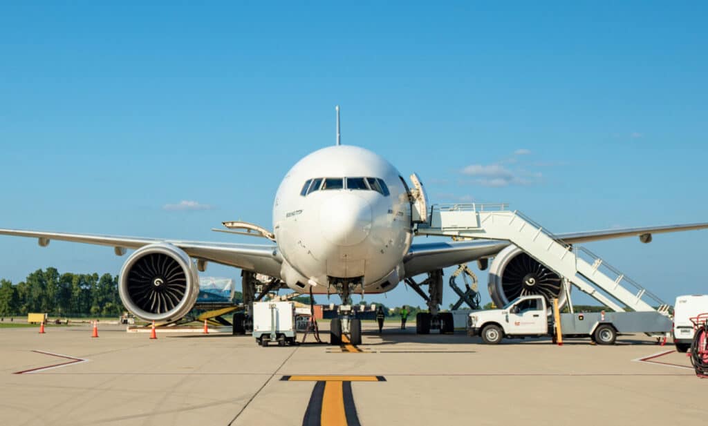 An airplane is parked at John Glenn International Airport.