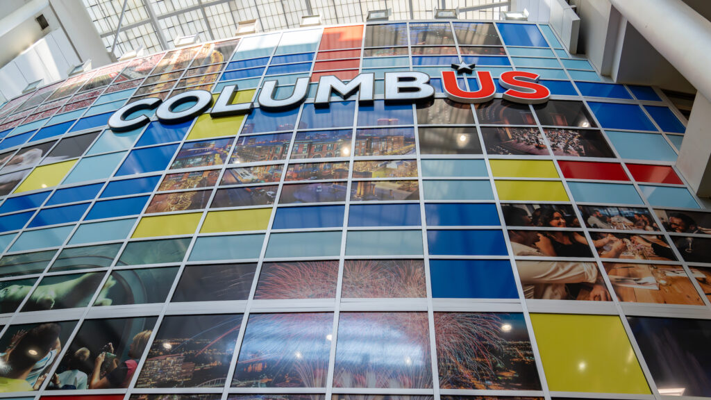 The Columbus mosaic in the terminal in Columbus airport from below.
