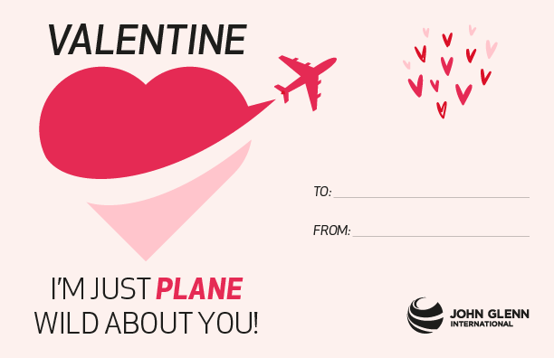 A Valentine's Day card with an airplane flying through a red and pink heart. Text reads, "Valentine, I'm just plane wild about you!"