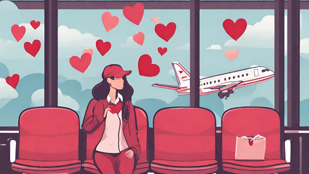 Illustration of a woman dressed in red and pink and wearing a red ballcap sitting in an airport chair waiting for her flight. Hearts are on the windows behind her, as a small airplane takes flight.