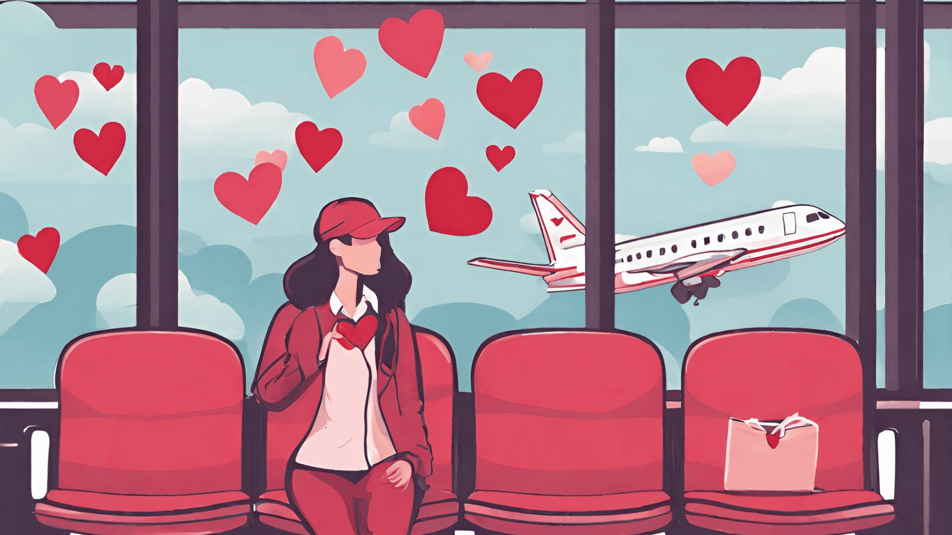 Illustration of a woman dressed in red and pink and wearing a red ballcap sitting in an airport chair waiting for her flight. Hearts are on the windows behind her, as a small airplane takes flight.