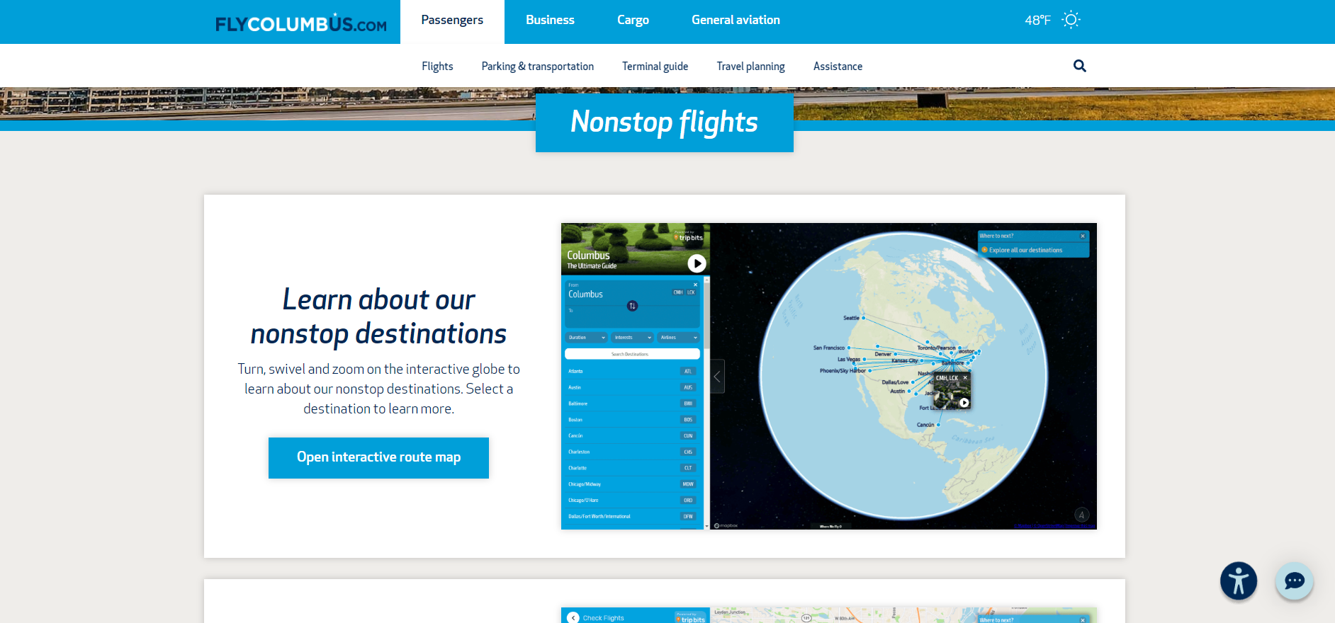 Screenshot of the nonstop flights webpage where it shows a call-out box that explains how the Where We Fly functionality works by turning, swiveling, and zooming on the interactive map.