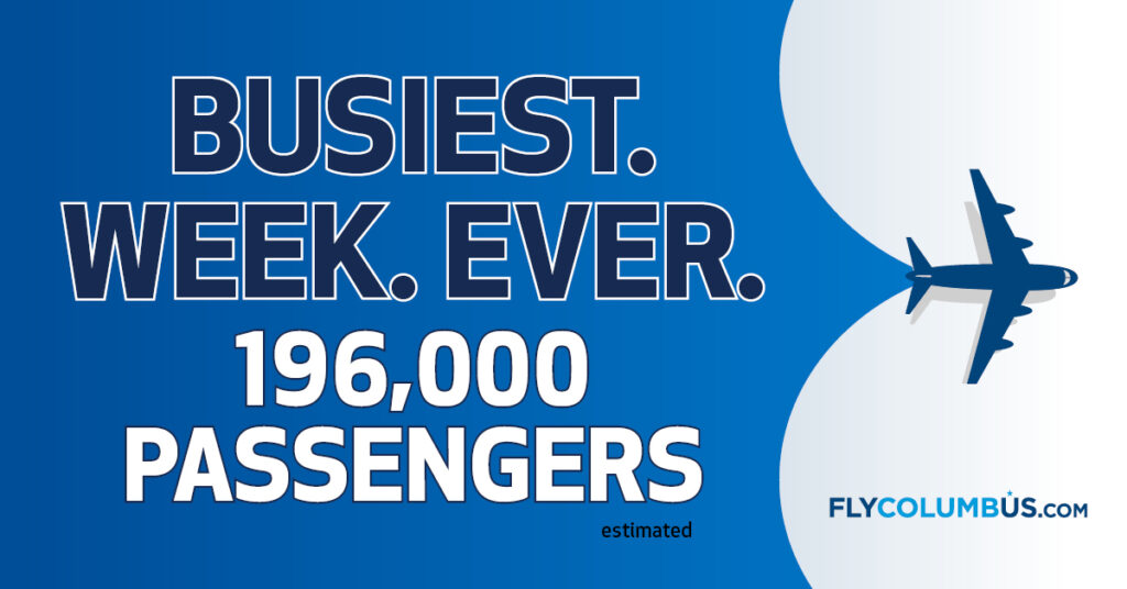 Graphic. Busiest week ever. 196,000 estimated passengers. Airplane flies to the right, pulling the blue background like a banner.