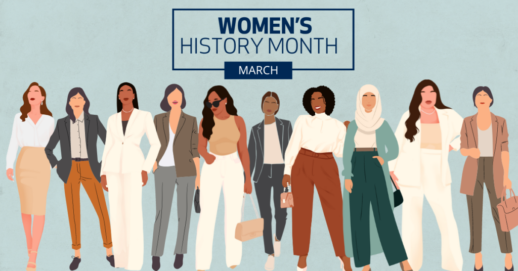 A diverse group of women wearing business casual to business attire stand in a line. Women's History Month. March.