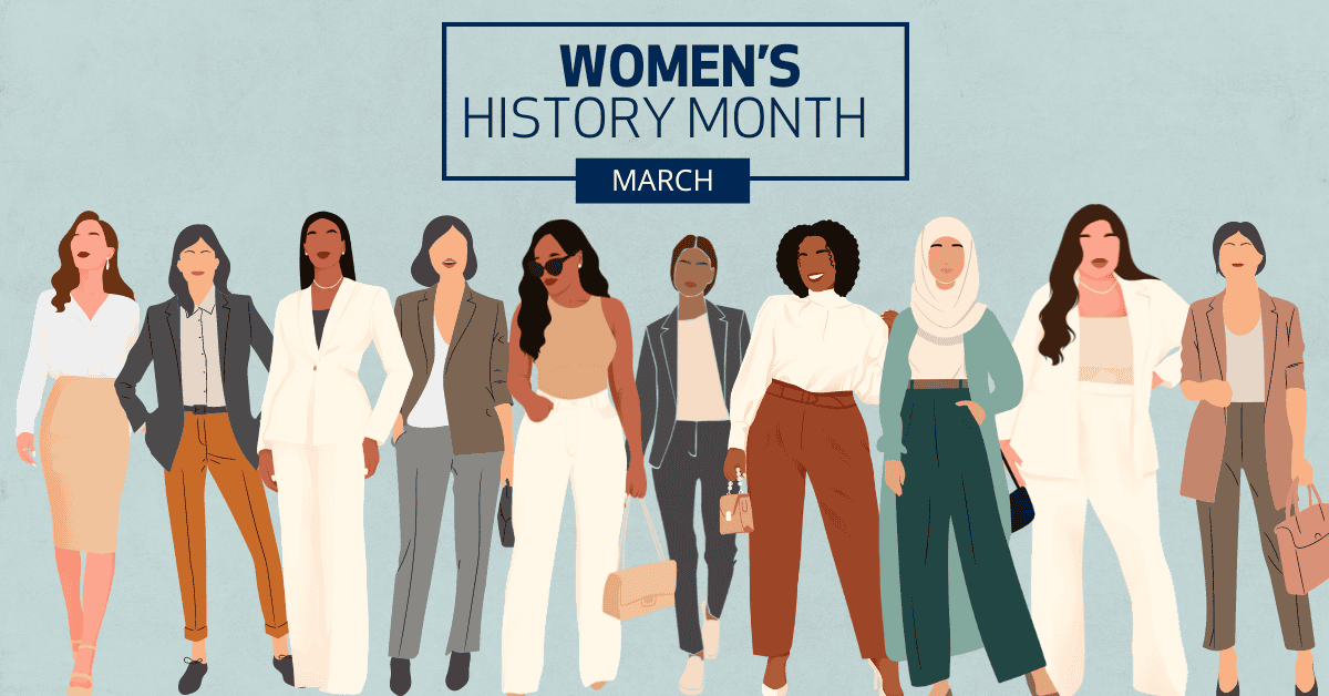 A diverse group of women wearing business casual to business attire stand in a line. Women's History Month. March.