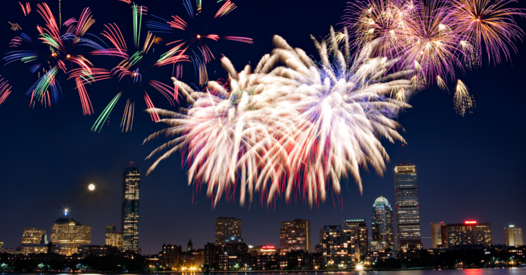 A fireworks display lights up the sky over Boston.