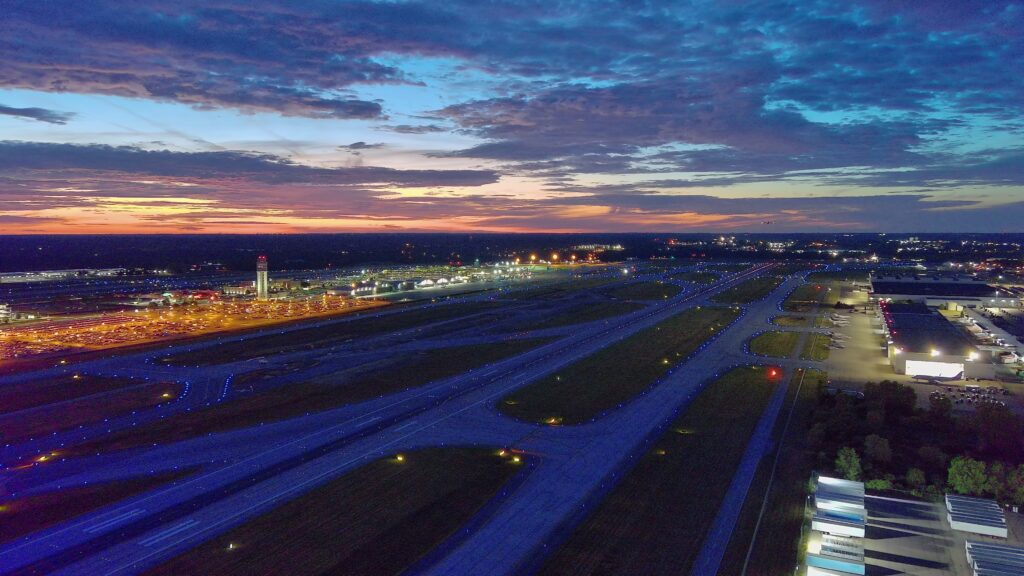 Sunrise over the airfield in Columbus, Ohio from a drone.