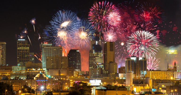 A fireworks display lights up the sky over Nashville.