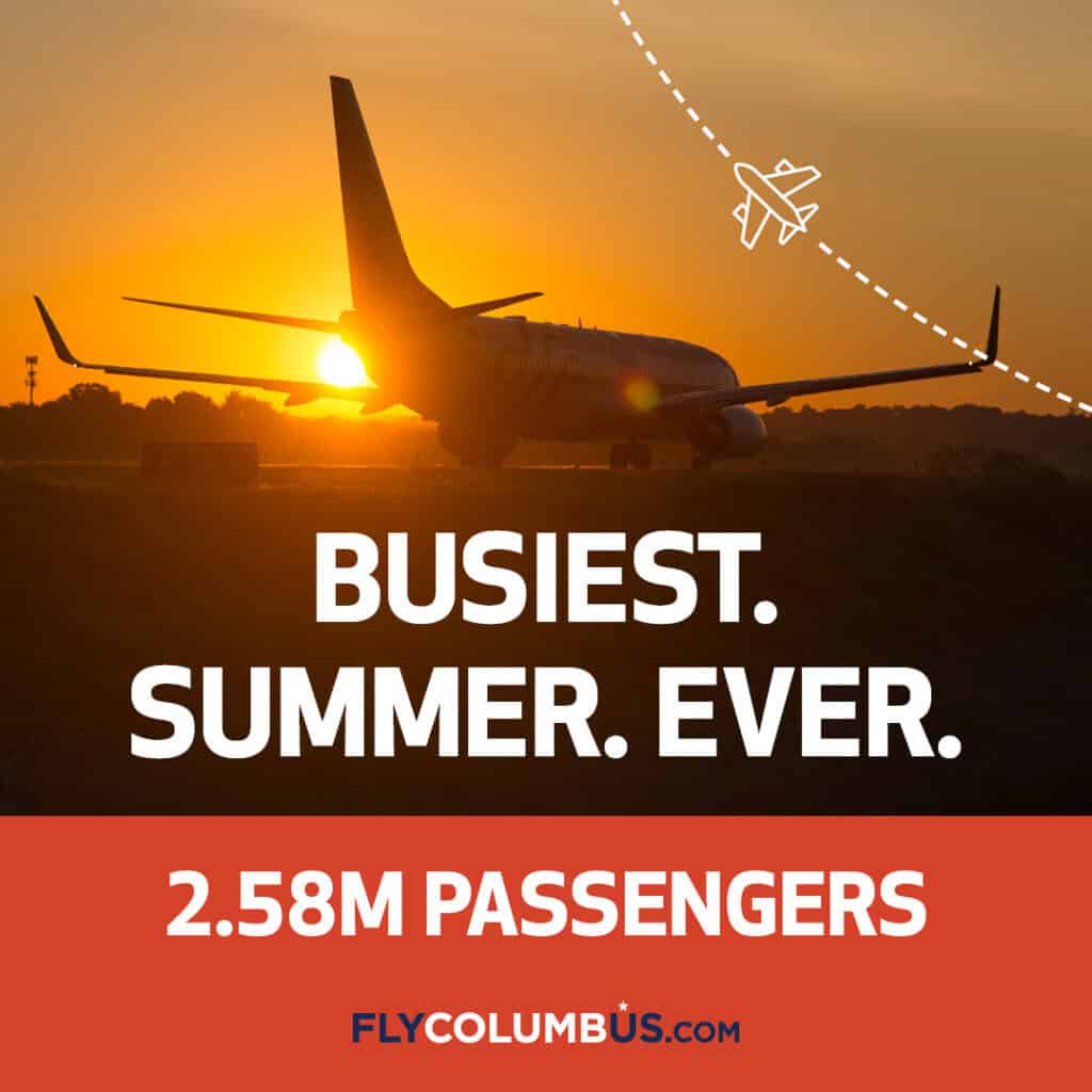 An airplane awaits approval for takeoff during the early morning hours, with the sun shining brightly behind it. Text on the graphic reads, "busiest summer ever. 2 point 5 million passengers."