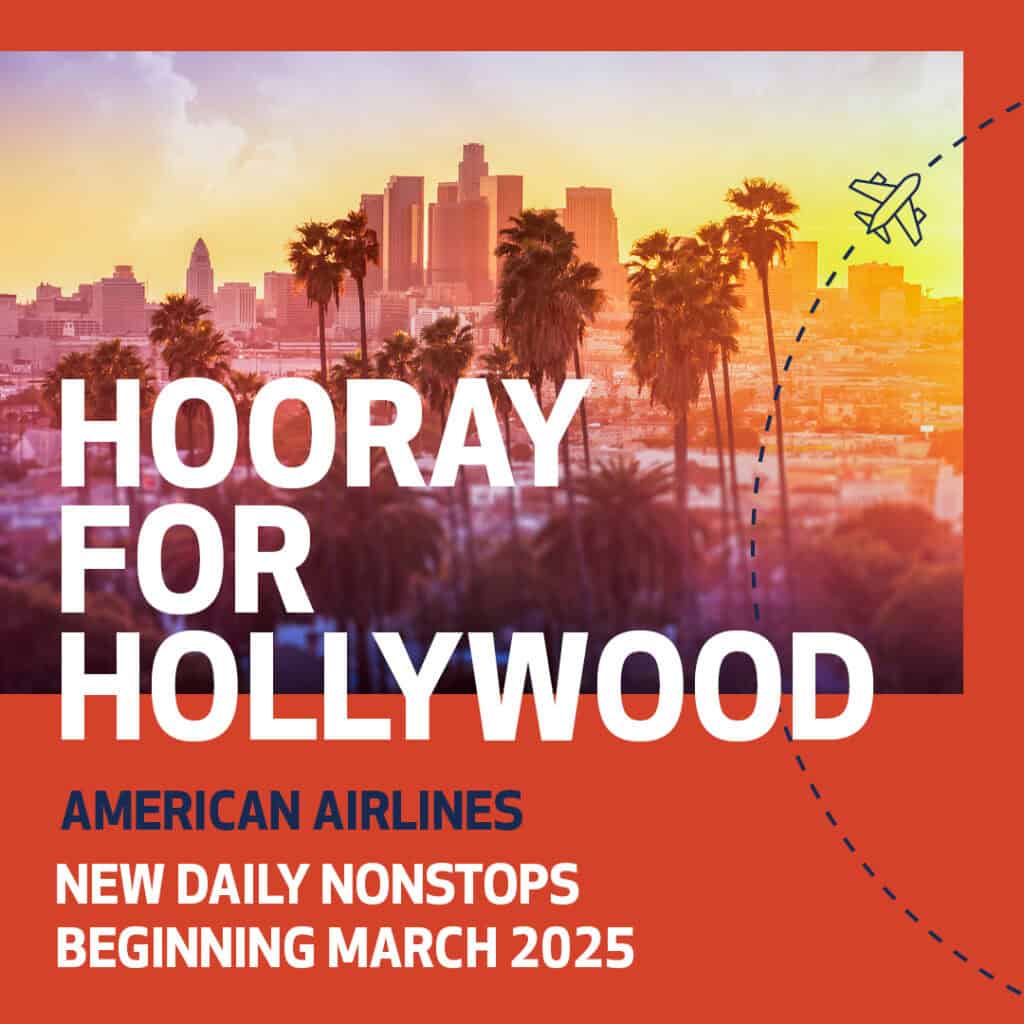 Promotional banner for American Airlines featuring "Hooray for Hollywood" text, with an illustration of an airplane flying over the Los Angeles skyline. The ad announces new daily nonstop flights beginning March 2025.