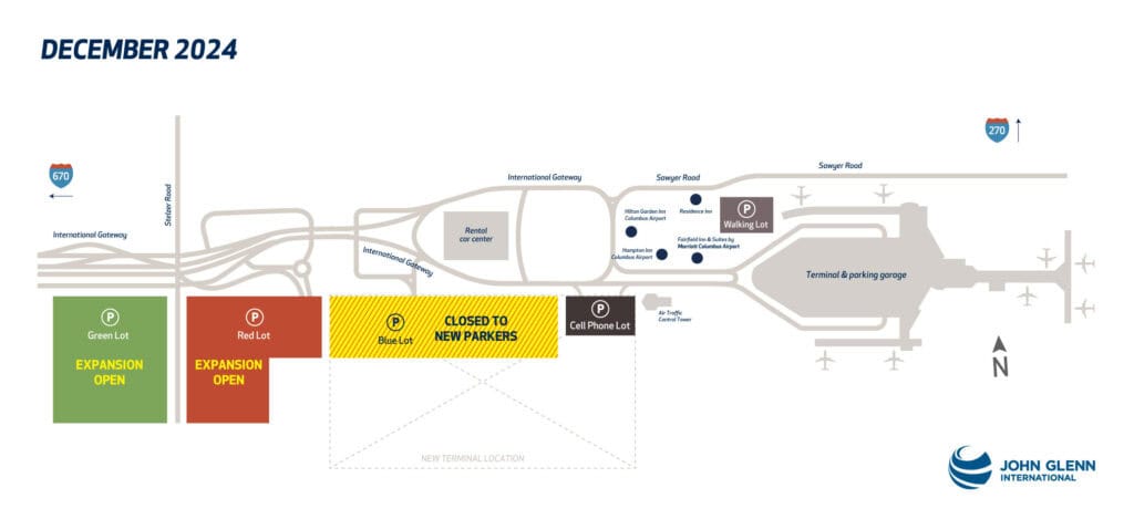 An updated map of the parking options at John Glenn Columbus International Airport, now showing the location of the new terminal where the Blue Lot used to be.