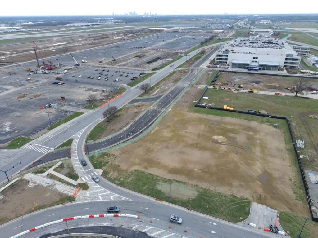 Aerial view of International Gateway with a new roadway along the left.