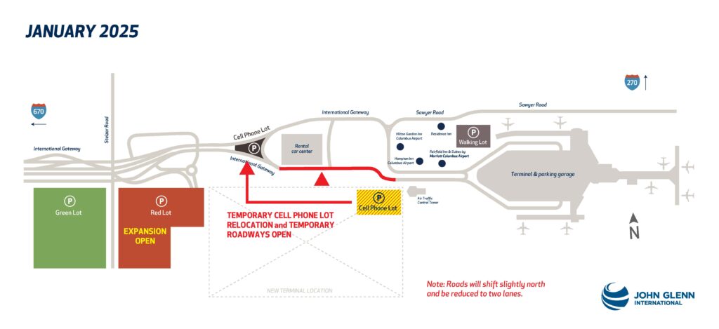 Map of International Gateway with arrows pointing to the new cell phone lot.