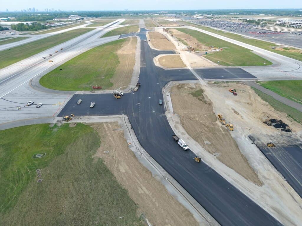 Aerial view of the newly constructed and paved taxiway charlie at the columbus airport.