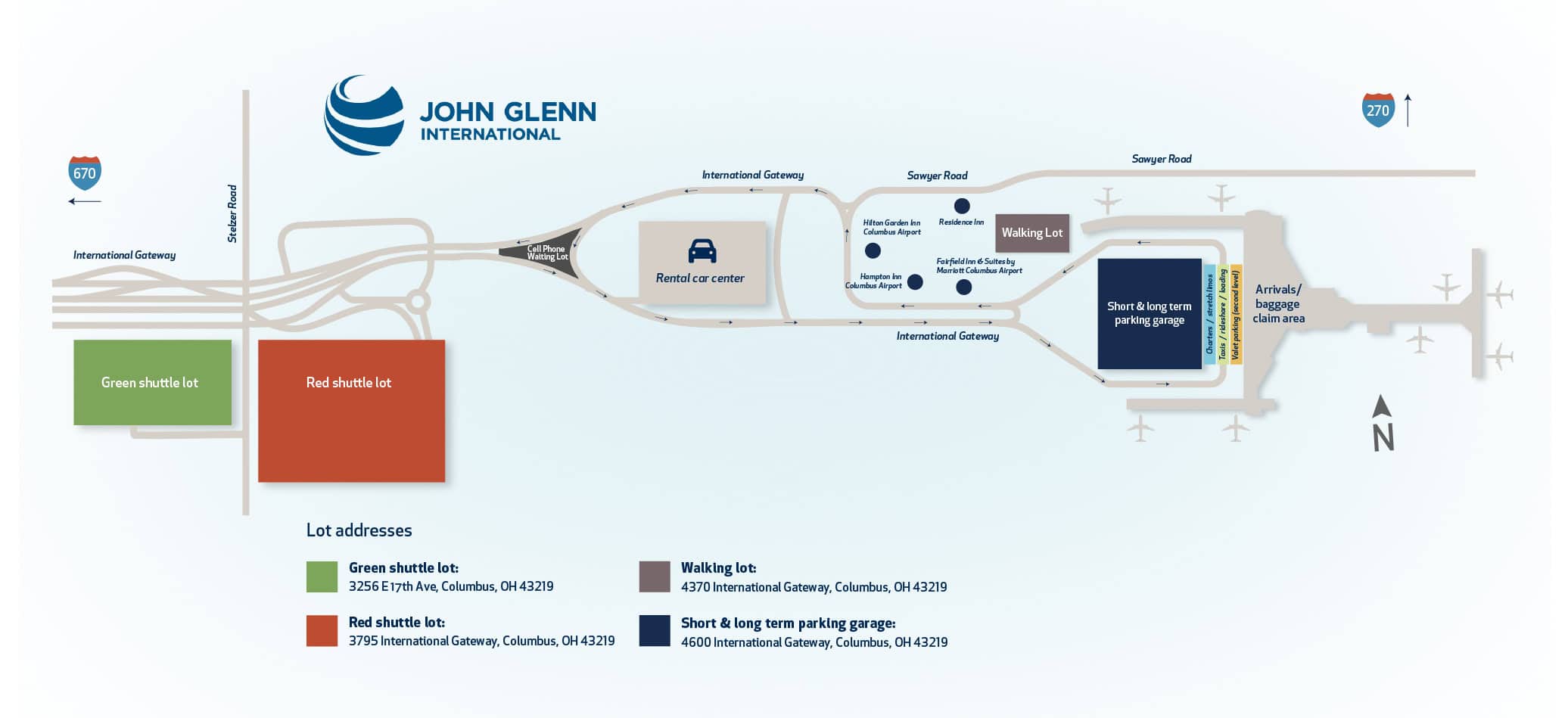 Map of the parking options at John Glenn Columbus International Airport. Shows options like the garage, red lot, green lot, cell phone waiting lot, and walking lot.