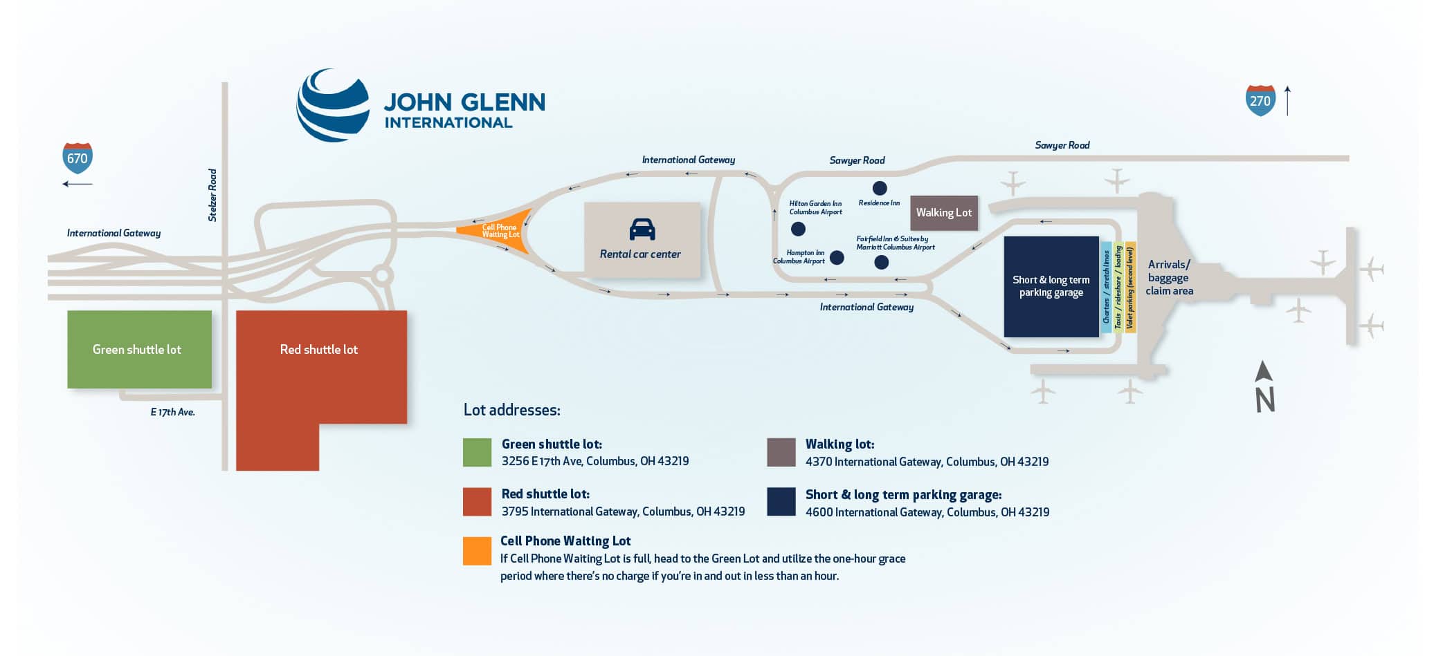 Map of the parking options at John Glenn Columbus International Airport. Shows options like the garage, red lot, green lot, cell phone waiting lot, and walking lot.