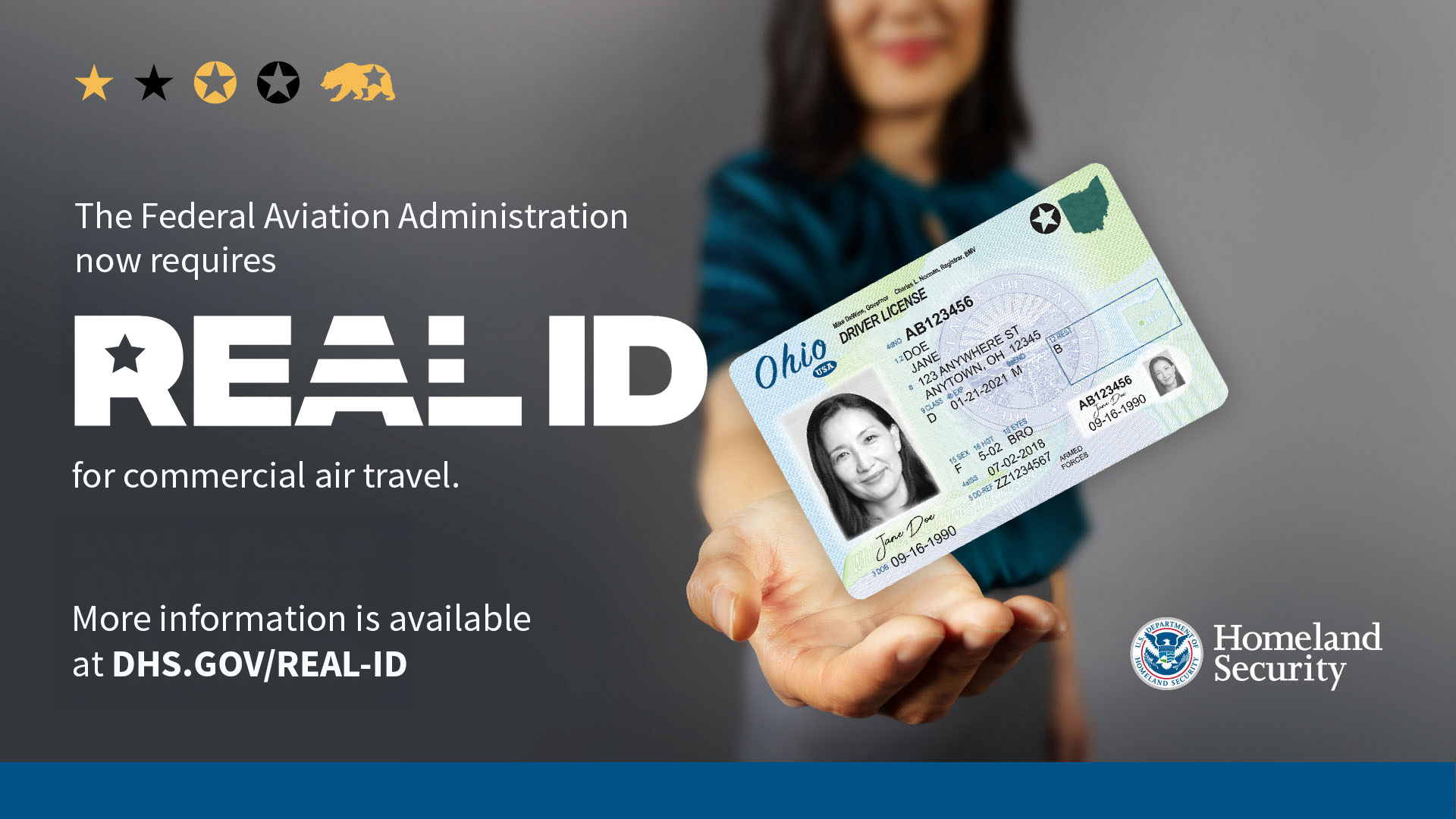 Promotional image for REAL ID featuring a person holding out a REAL ID card, with text stating the Federal Aviation Administration now requires REAL ID for commercial air travel. More information at DHS.GOV/REAL-ID. Logos of Homeland Security included.