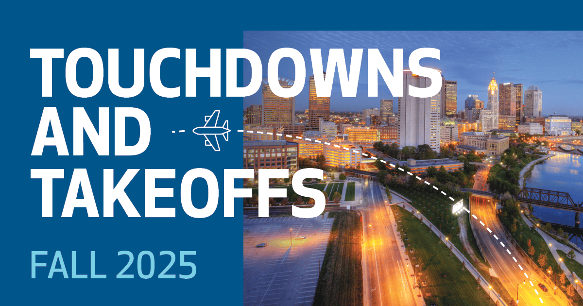An image of Columbus on top of a dark blue background. An image of an airplane flies across the screen. Text reads "touchdowns and takeoffs. Fall 2025."