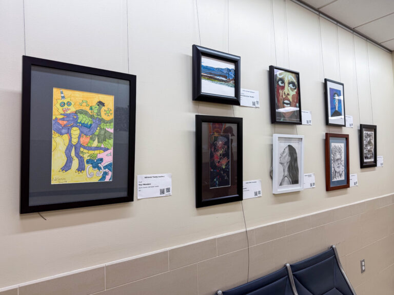 A collection of framed artworks displayed along the gallery wall, featuring portraits, landscapes, and abstract pieces. The nearest artwork is a colorful drawing of a dragon titled Fear Monster by Adrienne Young.
