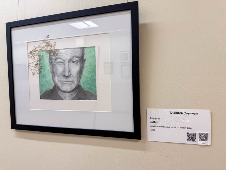 A framed graphite and charcoal portrait of a man with a green background, titled Robin by artist TJ Sikora. The artwork includes a small dried flower attached to the frame, displayed on a light-colored wall.