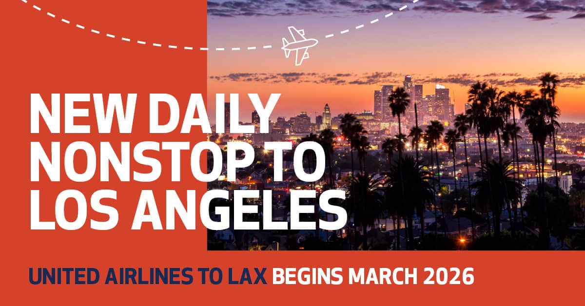 Graphic featuring a sunset view of the Los Angeles skyline with palm trees in the foreground. White text reads “New daily nonstop to Los Angeles.” A dotted flight path with an airplane icon appears across the top. Text at the bottom reads “United Airlines to LAX begins March 2026.”