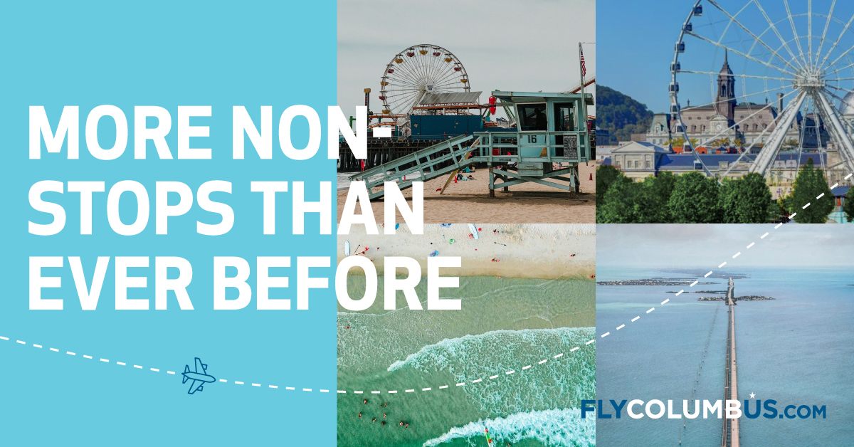 Light blue graphic with four photos of destinations ranging from the beach to Canada. Text on image reads, "More nonstops than ever before."