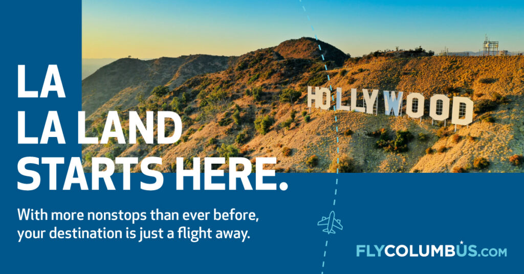 Blue graphic with an image of Los Angeles on the right side. Text reads, 'LA LA Land starts here."
