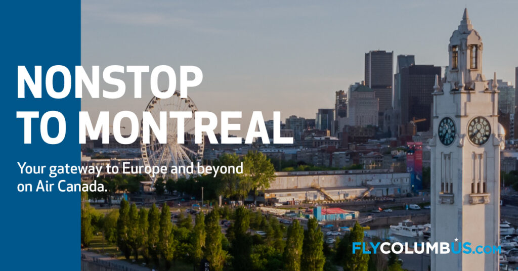 A blue graphic with an image of Montreal. Text reads, "nonstop to Montreal."