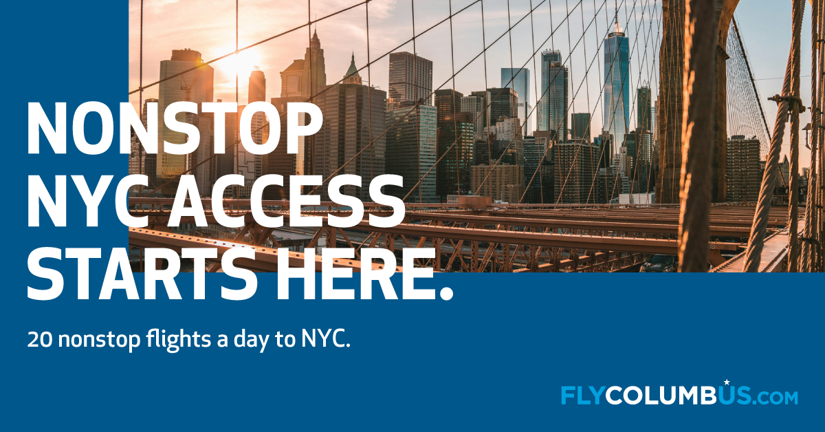 Nonstop destination graphic with an image of New York City. Text reads, "nonstop NYC access starts here. 20 nonstop flights a day to NYC."