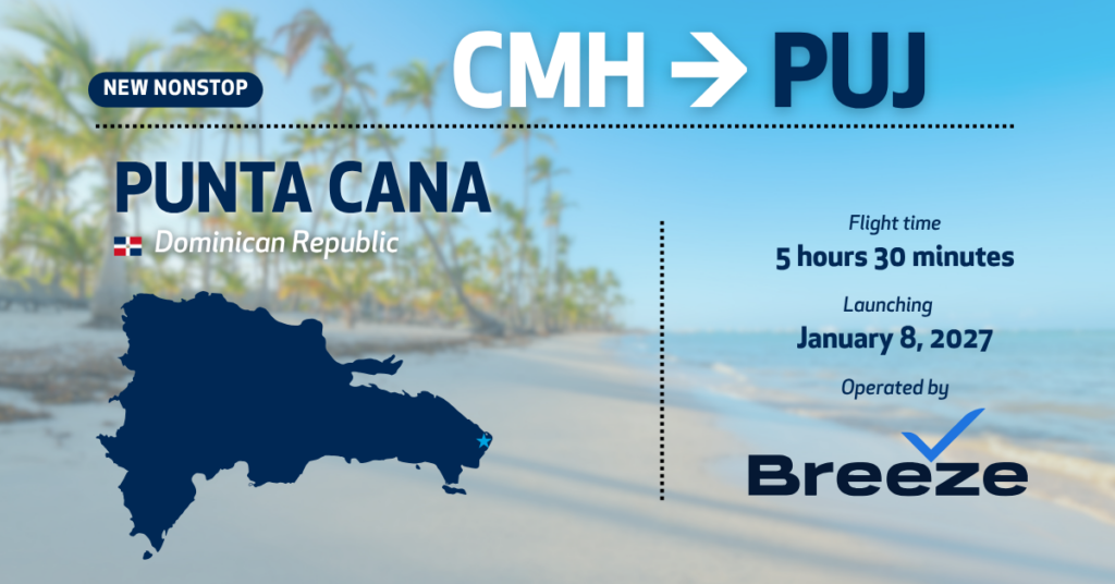 Graphic announcing a new nonstop flight from Columbus (CMH) to Punta Cana (PUJ). Background shows a tropical beach with palm trees. Text reads “New Nonstop CMH → PUJ.” Large headline: “Punta Cana, Dominican Republic” with a small Dominican Republic flag. A dark blue map of the Dominican Republic highlights Punta Cana with a star. On the right, details list: “Flight time: 5 hours 30 minutes,” “Launching January 8, 2027,” and “Operated by Breeze,” with the Breeze Airways logo.