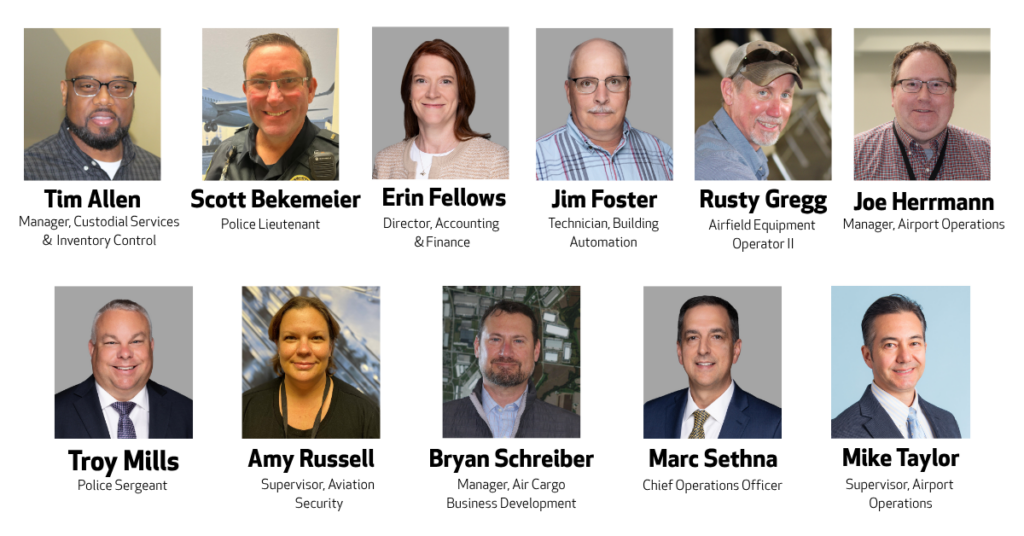 Headshots of 11 Columbus Regional Airport Authority employees who shared their experiences from September 11, 2001: Tim Allen, Scott Bekemeier, Erin Fellows, Jim Foster, Rusty Gregg, Joe Herrmann, Troy Mills, Amy Russell, Bryan Schreiber, Marc Sethna and Mike Taylor.