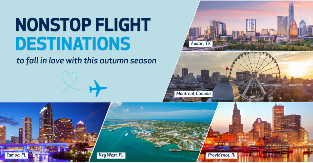 Graphic promoting nonstop fall travel destinations from Columbus. Text reads, “Nonstop flight destinations to fall in love with this autumn season,” alongside a dotted flight path forming a heart. Photos feature the skylines and scenery of Austin, Texas; Montreal, Canada; Tampa, Florida; Key West, Florida; and Providence, Rhode Island.