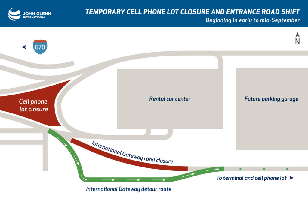 Map showing temporary roadway changes at John Glenn Columbus International Airport beginning in September. The cell phone lot near the rental car center and a section of International Gateway will close. A new detour, shown in green, directs drivers around the closure toward the terminal and the remaining cell phone lot.