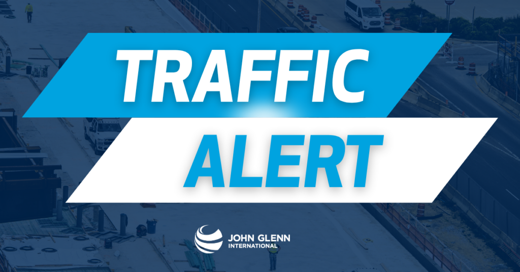 Graphic reading “Traffic Alert” over an aerial photo of roadway construction at John Glenn Columbus International Airport.