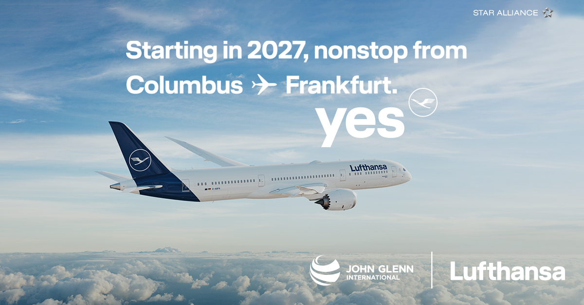 Lufthansa announcement graphic for Columbus to Frankfurt nonstop. In the image is a boeing 787 dreamliner flying through the